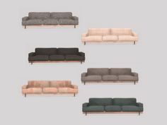 six different couches in various colors and sizes