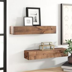 two wooden shelves are on the wall near a potted plant and framed pictures above them