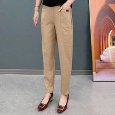 Women's Elastic Waist Cotton Pants brick red-M/UK6 Non-stretch Khaki Cargo Pants, Non-stretch Khaki Tapered Leg Pants, Brown Ankle-length Casual Cargo Pants, Casual Solid Brown Bottoms, Non-stretch Brown Pants With Side Pockets, Casual Brown Solid Color Bottoms, Casual Brown Bottoms For Workwear, Casual Brown Bottoms, Non-stretch Tapered Leg Cargo Pants