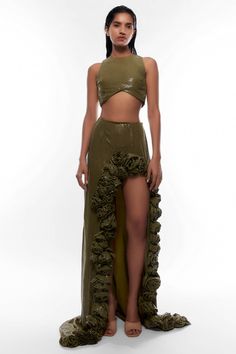 Deme By Gabriella-Olive Green Sequin Top With Skirt-INDIASPOPUP.COM Sequin Top With Skirt, Top With Skirt, Embellished Crop Top, Embellished Skirt, Sequin Embellishment, High Neck Designs, Sequin Crop Top, High Neck Top, Green Sequins