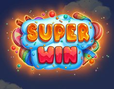 the logo for super win on a dark blue background with clouds and rainbows around it