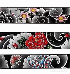 two horizontal banners with flowers and swirls on the sides, one in black and white