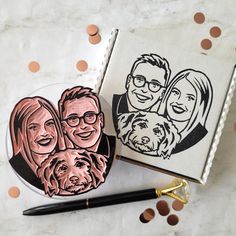 a couple and their dog are shown in this hand - drawn photo on a coaster