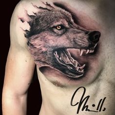 a man's chest with a wolf tattoo on it and the words oh hi