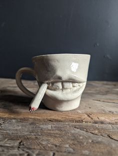 Hand crafted stoneware cup with sculpted mouth 9 cm tall by 8cm wide  dishwasher safe Weird Mugs, Slab Mug, Funny Pottery, Fun Pottery, Goblin Market, Family Mugs, Cool Mug, Work Mug, Figurative Kunst