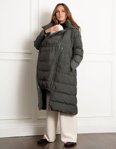 maternity, maternity coat, coat, nursing coat, puffer coat, puffa, quilting, midi, pocket, expandable, lined pocket, faux fur, babywearing, hood, detachable belt, belt, elasticated, belt loops, water resistant, baby carrier, caripod, khaki, grey, monika Maternity Winter Jacket, Postpartum Dresses, Green Long Sleeve Puffer Jacket With Double-lined Hood, Coat Puffer, Travel Parka With Double-lined Hood And Long Sleeves, Winter Nylon Parka With Double-lined Hood, Maternity Coat, Long-sleeve Nylon Puffer Jacket With Double-lined Hood, Nursing Dress