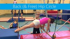 several children are practicing on the trampoline in an indoor gymnastics gym with text overlay that reads back & free hip circle