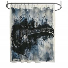 a black and white guitar shower curtain hanging on a metal rod with an abstract background