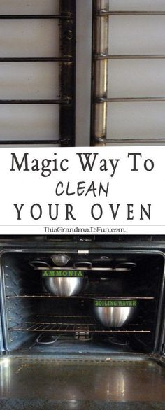 an oven with two pans in it and the words magic way to clean your oven