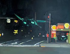 an oil painting of a city street at night with traffic lights and signs on the sidewalk