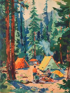 a painting of people camping in the woods