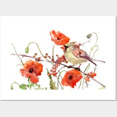 a watercolor painting of red flowers and a bird