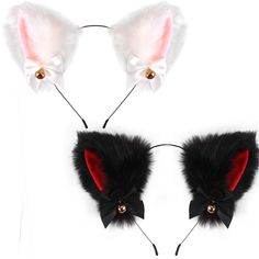 two black and white cat ears with red accents on them, one has a bell in the middle