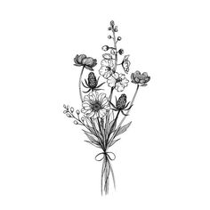 black and white drawing of flowers on a white background