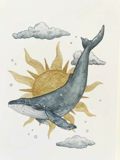 a drawing of a whale with sun and clouds in the background