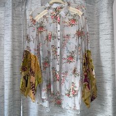 Beautiful Floral Print Sheer Blouse By Aratta. Velvet Flutter Sleeves. Cotton Lace Accents. Gorgeous Embroidery Of Birds And Flowers On The Back Over Mesh. Spring Bohemian Silk Blouse, Spring Festival Silk Blouse, Spring Bohemian Shirt For Daywear, Bohemian Spring Shirt For Daywear, Bohemian Spring Daywear Shirt, Bohemian Shirt For Spring Daywear, Bohemian Silk Blouse For Spring, Silk Blouse For Spring Festival, Bohemian Long Sleeve Blouse With Floral Patchwork