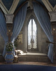 a bedroom with blue drapes and a bed in front of a large arched window