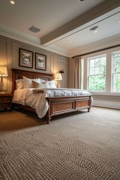 A cozy, well-lit bedroom with a wooden bed, white bedding, nightstands, lamps, and large windows. Bedroom Carpeting, Bedroom Ideas For Couples Grey, Bedroom Carpet Ideas, Bedroom Carpet Colors, Bedroom Inspirations For Small Rooms, Bedroom Carpets, Functional Bedroom, Bedroom Ideas For Small Rooms Cozy, Dark Carpet