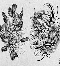 two black and white drawings of flowers