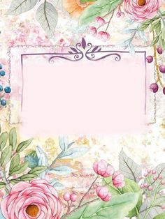 an ornate frame with flowers and leaves on it's edges is featured in this watercolor painting