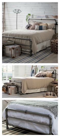 two pictures of a bed with luggage on the bottom and an empty bed in the middle