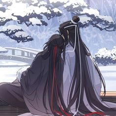 an anime character with long black hair sitting on the ground in front of snow covered trees