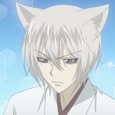 an anime character with long white hair and blue eyes, wearing a white cat's head