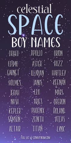 the concert poster for celestial space boy names, which are in blue and purple colors