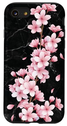 pink flowers on black marble phone case for iphone 6 / 5s or 4 / 4s