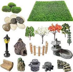 there are many different types of plants and rocks in the grass, along with other items