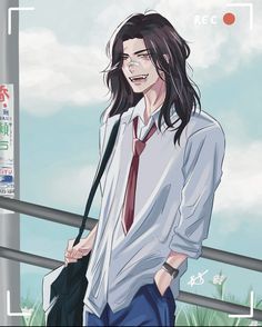 an anime character with long hair wearing a shirt and tie, standing in front of a fence