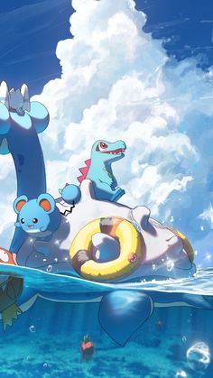 two cartoon animals riding on top of an inflatable object floating in the ocean