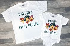 Custom "Cantico's First Fiesta" birthday shirts for the entire family 😃  -Shirts come in the color white. -100% Polyester fabric. (Soft feel!) -Size range from onesies, youth, kid and adult!  -Adult sizes are unisex meaning shirts will fit a bit looser.  **In the PERSONALIZATION section please include:  1. Name you want added on the shirt 2. Color of font.  IMPORTANT  Please allow 4-5 business days of processing time PRIOR to item shipping. If you need this item within a specific time frame, pl Canticos Birthday Shirt, Fun White Tops For Family Events, White Summer T-shirt For Family Events, Cute White T-shirt For Family Events, White Cute T-shirt For Family Events, Fun White T-shirt For Family Events, White Cotton T-shirt For Family Events, Funny White T-shirt For First Birthday, Customizable White Tops For Family Events