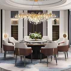 an elegant dining room with chandelier and round table surrounded by beige upholstered chairs