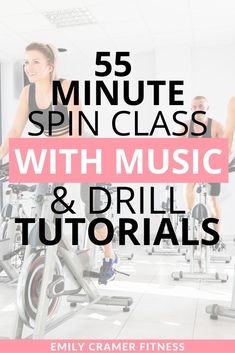 a group of people on exercise bikes with the text 5 minute spin class with music and drill