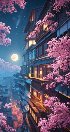 the night sky is full of pink flowers and trees in front of an apartment building