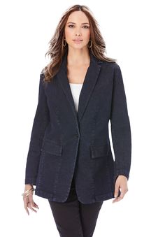 Our classic, best-selling blazer just got a major update. Now made in breathable stretch-denim, in a looser, more relaxed style tailored for a still-flattering fit. Finished with a single button front, front pockets and back vent. 32" lengthCotton/poly/spandex Machine washImported | Plus Size Women's Denim Boyfriend Blazer by Roaman's in Dark Wash (Size 34 W) Lined Denim Jacket, Plus Size Denim, Boyfriend Blazer, Plus Size Coats, Ladies Of London, Current Fashion Trends, Plus Size Casual, Relaxed Style, Denim Women