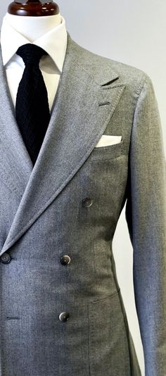 The perfect shade of stone grey defines this classic flannel suit. Tailored slim from soft, mid-weight wool flannel, this London cut suit features our signature double-breasted 2x6 button placement, double vents, patch pockets, natural shoulder, and wide peak lapels. The accompanying slim trousers are flat front with a wide waistband and feature our versatile side adjusters. Christopher Korey, Double Breasted Suit Men, Grey Suit Men, Mens Neckwear, Light Grey Suits, Flannel Suit, Disco Fashion, Yellow Suit, Grey Suit