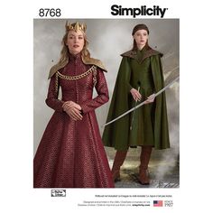 "NEW Uncut factory folded women's fantasy cosplay costume sewing pattern - size H5 (6,8,10,12,14) bust 30 1/2\"-36\", waist 23\"-28\", hip 32 1/2\"-38\" or size R5 (14,16,18,20,22) bust 36\"-44\", waist 28\"-37', hip 38\"-46\". Pattern includes two long dresses and two medium length dresses with side slits, a cloak, and shoulder pads with chains to create your unique style. Andrea Schewe Design. Simplicity Costumes Pattern #8768 - dated 2018 - Orig $ 20.95 Pattern, instructions and envelopes are Cloak Dress, Medieval Costumes, Medieval Cosplay, Cape Costume, Costume Sewing Patterns, Medieval Costume, Costume Patterns, Medieval Dress, Miss Dress