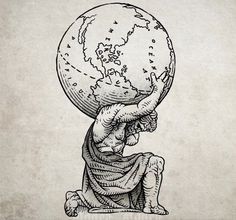 a drawing of a man holding the world on his head with one arm and another hand