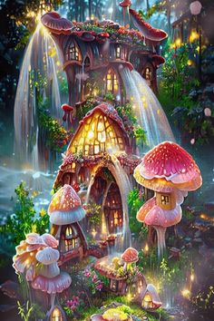 the fairy house is surrounded by mushrooms and lights in the forest, with a waterfall coming out