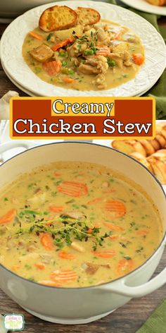 creamy chicken stew in a white bowl with bread on the side and an orange text overlay that reads creamy chicken stew