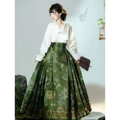 Ming Dynasty-Style Hanfu Size Xs New Mamian Two-Piece Set, Bamboo Print Skirt For The Blouse: - Sleeve Length: 62.5 Cm (24.6 Inches) - Sleeve Opening: 12.5 Cm (4.9 Inches) - Total Sleeve Length: 153 Cm (60.2 Inches) For The Horse Face Skirt (Mamian Skirt ): - Skirt Length: 96 Cm (37.8 Inches) - Skirt Head Width: 7 Cm (2.8 Inches) - Skirt Door Width: 24 Cm (9.4 Inches) - Skirt Waist Length: 92 Cm (36.2 Inches) - Suitable Waist Circumference: 54-74 Cm (21.3-29.1 Inches) New With Tag And Package Th Chinese Attire Traditional Dresses, Modern Hanfu Skirt, Green Dresses For Tea Ceremony, Traditional Green Skirt For Spring, Elegant Green Long Skirt Sets, Green Wedding Skirt For Spring, Green Spring Wedding Skirt, Spring Wedding Green Skirt, Hanfu Skirts