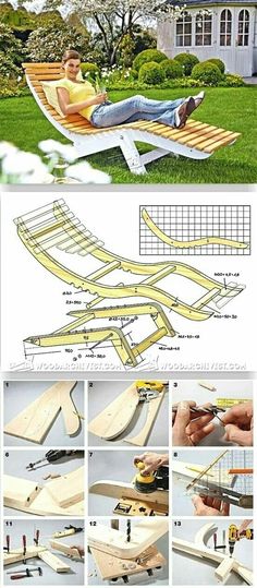 the plans for a wooden lounge chair are shown in several different positions, including one that is