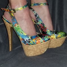 Patterned Multicolored Sadhbh Cork Platform Stilettos From Shoe Dazzle. Size 6.5. Two Inch Platforms And Six Inch Heels. Metallic Gold On The Toes. There Is Wear On The Inside Of The Ankle Straps (It Happened Because They Were Left Buckled While In Storage); See Pictures. New Without The Box- They've Been Tried On But Never Worn Out. Six Inch Heels, Heels Ideas, Shoes Colorful, Tan Pumps, Red Suede Heels, Black Stiletto Heels, Knee High Heels, White Sandals Heels, T Strap Heels