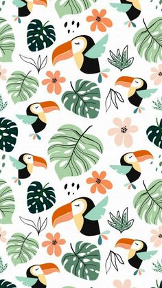 a pattern with tropical leaves and toucans on white background for wallpaper or fabric