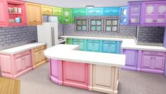 a kitchen with many different colored cabinets and counters