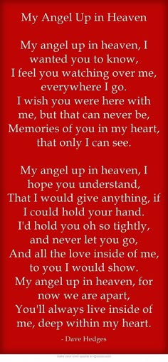 a poem written in red with the words, my angel up in heaven