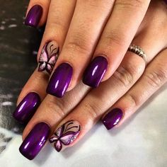 Purple Nails Designs Summer, Hot Purple Nails, Purple Gel Nails Ideas, Trendy Purple Nails, Butterfly Nail Design, Purple Nail Art Designs, Butterfly Nail Designs, Purple Nail Art, Purple Acrylic Nails