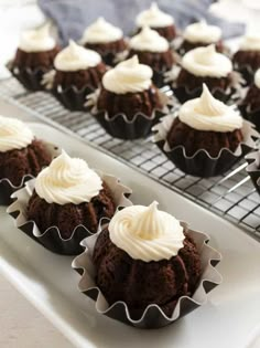 chocolate cupcakes with white frosting on a cooling rack